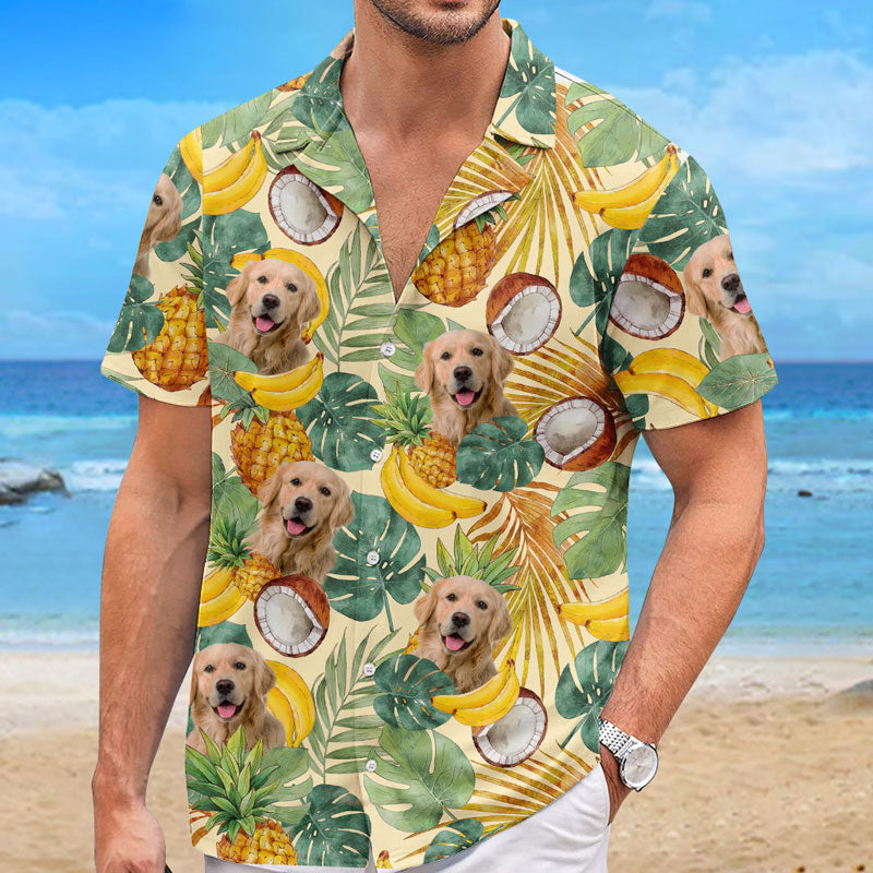 T-shirt hawaïen tropical unisexe personnalisé avec photo « Fruity Juicy Summer » pour chien et chat - Cadeau idéal pour les vacances d'été, les propriétaires d'animaux et les amoureux des animaux.