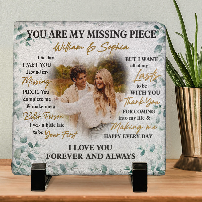 Photo personnalisée « Tu es ma pièce manquante » – Pierre carrée personnalisée avec support pour couple – Cadeau pour mari et femme, anniversaire