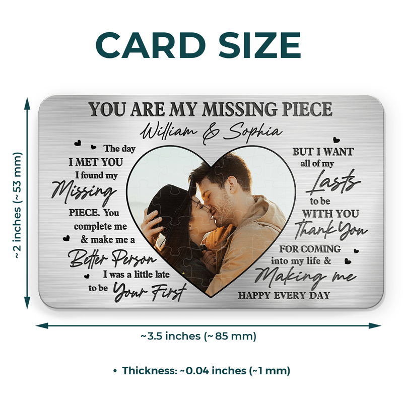 Carte portefeuille personnalisée en aluminium avec photo « Tu es ma pièce manquante » pour couple – Cadeau pour mari et femme, anniversaire