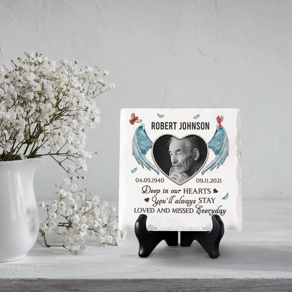 Custom Photo Deep In Our Hearts You'll Always Stay - Memorial Personalized Custom Square Shaped Ceramic Plaque With Stand - Sympathy Gift, Gift For Family Members