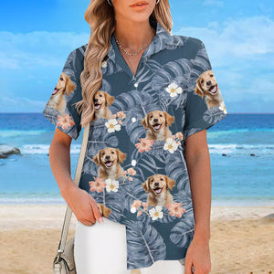 T-shirt hawaïen unisexe personnalisé avec photo de feuilles tropicales et ambiance estivale pour chien et chat - Cadeau idéal pour les vacances d'été, les propriétaires d'animaux et les amoureux des animaux.