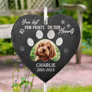 Photo personnalisée que vous avez laissée sur nos cœurs - Ardoise et crochet de jardin commémoratif personnalisés - Cadeau de condoléances, cadeau pour propriétaires d'animaux, amoureux des animaux
