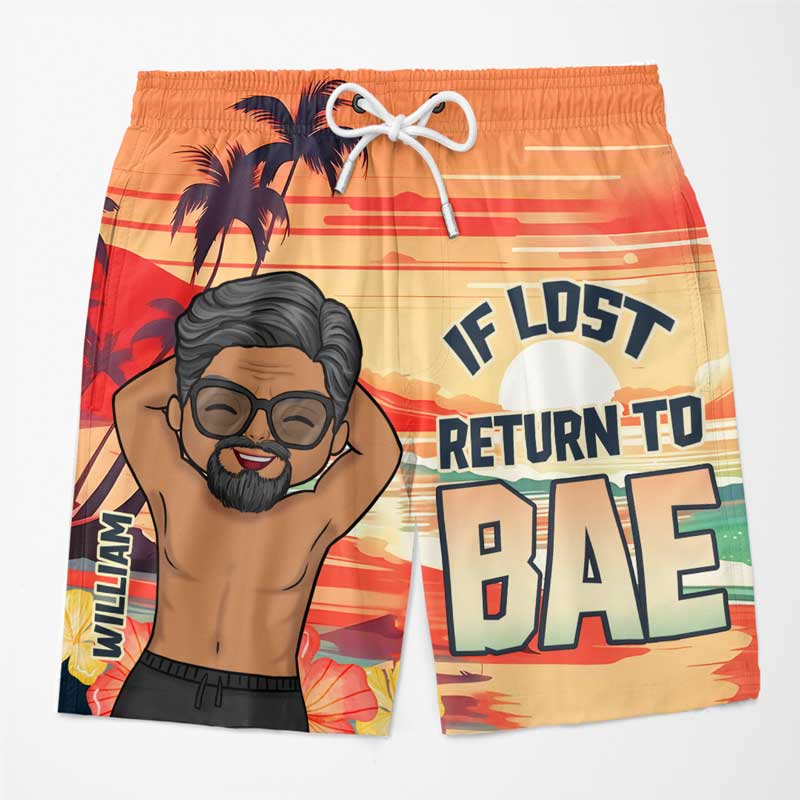 Si tu es perdu, reviens voir mon chéri - Short de plage hawaïen personnalisé et amusant pour couple - Cadeau de vacances d'été, cadeau de fête d'anniversaire pour mari et femme