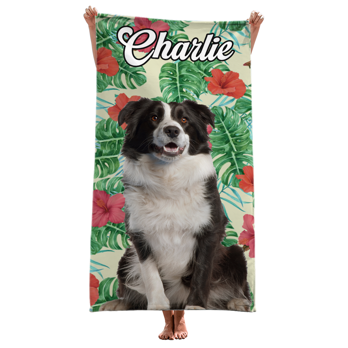 Custom Photo Tropical State Of Happiness - Dog & Cat Personalized Custom Beach Towel - Summer Vacation Gift, Gift For Family Members, Pet Owners, Pet Lovers