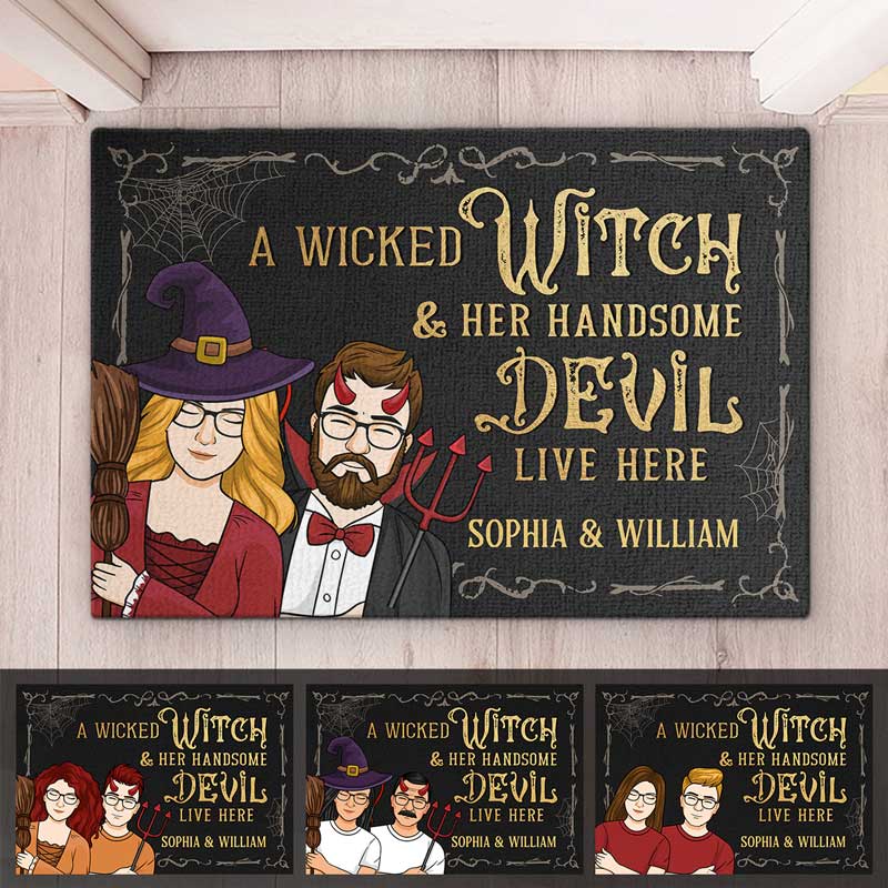 Une méchante sorcière et son beau diable vivent ici - Tapis décoratif personnalisé pour couple - Cadeau d'Halloween pour sorcières, mari et femme