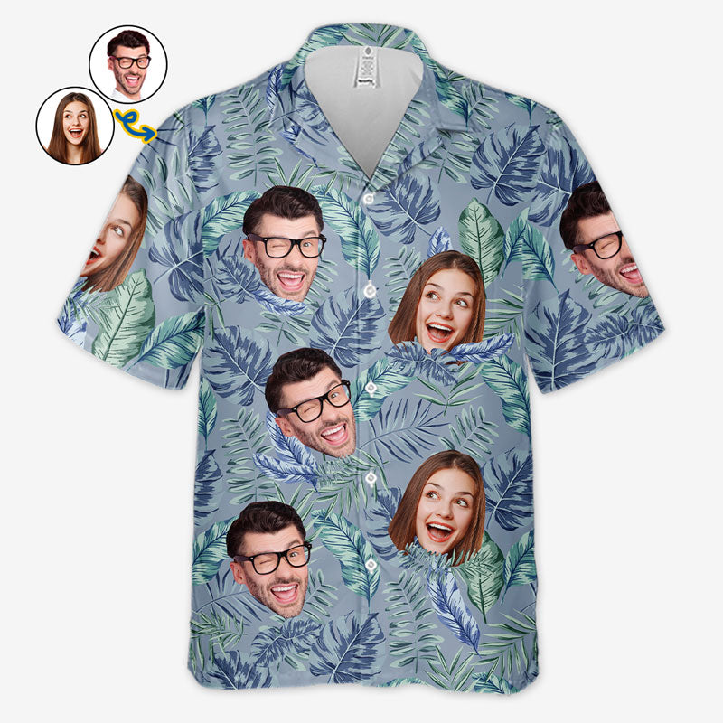 Feuilles tropicales colorées et animal de compagnie - Couple personnalisé visage personnalisé unisexe chemise hawaïenne tropicale Aloha - cadeau vacances d'été, cadeau pour mari femme