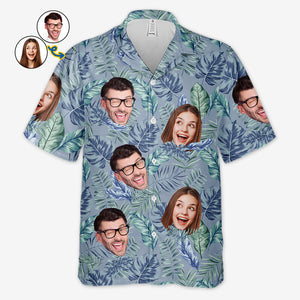 Feuilles tropicales colorées et animal de compagnie - Couple personnalisé visage personnalisé unisexe chemise hawaïenne tropicale Aloha - cadeau vacances d'été, cadeau pour mari femme