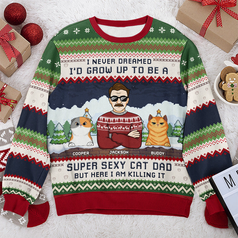 Papa chat super sexy - Sweat-shirt personnalisé avec chat - Pull en laine unisexe - Cadeau de Noël pour les propriétaires et les amoureux des animaux