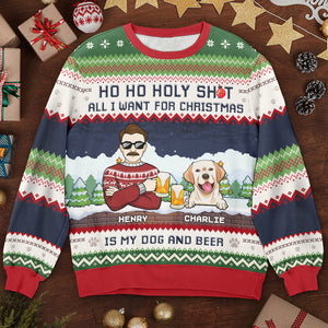 Tout ce que je veux pour Noël, c'est mon chien et de la bière - Sweat-shirt moche personnalisé pour chien - Pull en laine unisexe - Cadeau de Noël pour les propriétaires et les amoureux des animaux