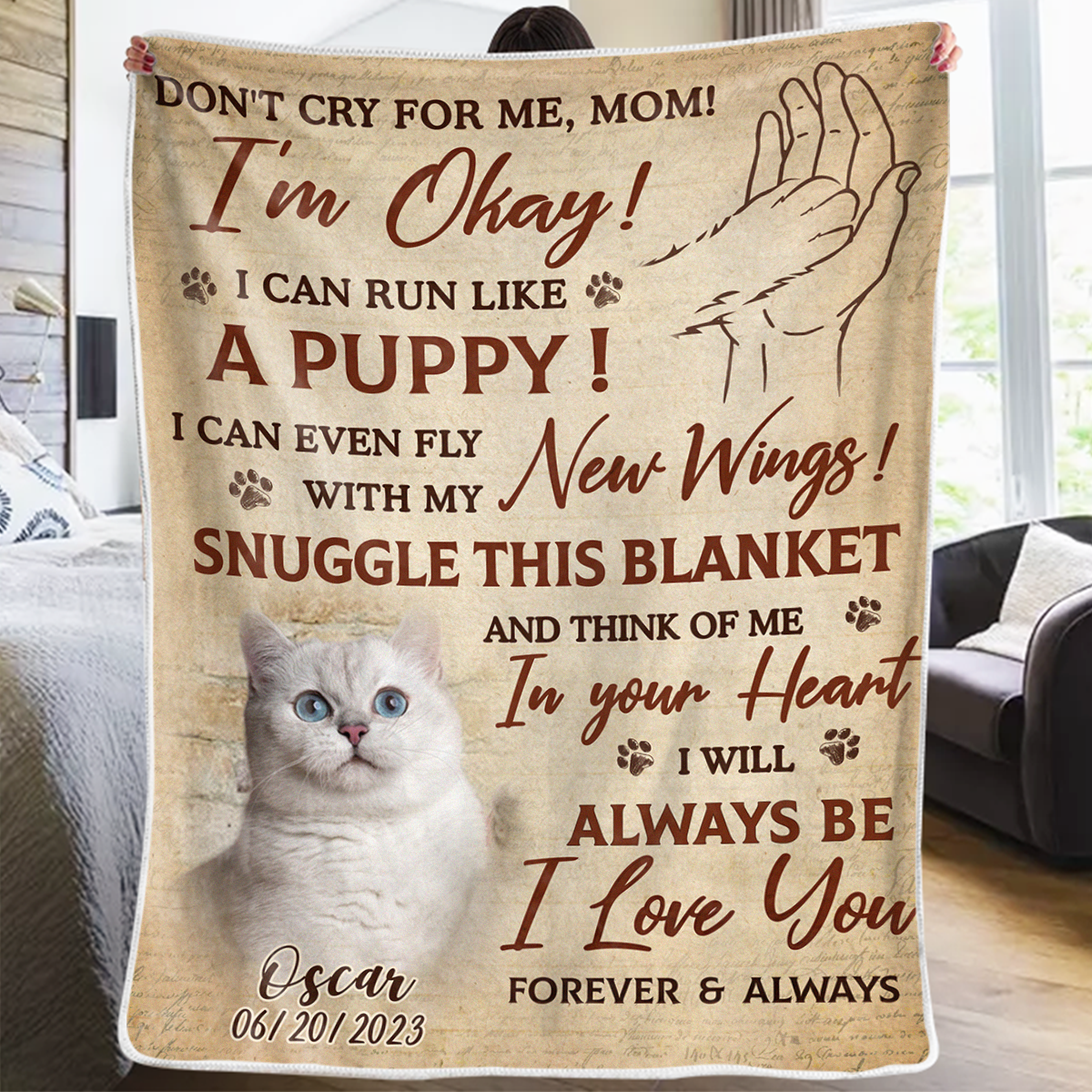 Couverture personnalisée avec photo « Pense à moi dans ton cœur » – Cadeau de condoléances pour les propriétaires et les amoureux des animaux