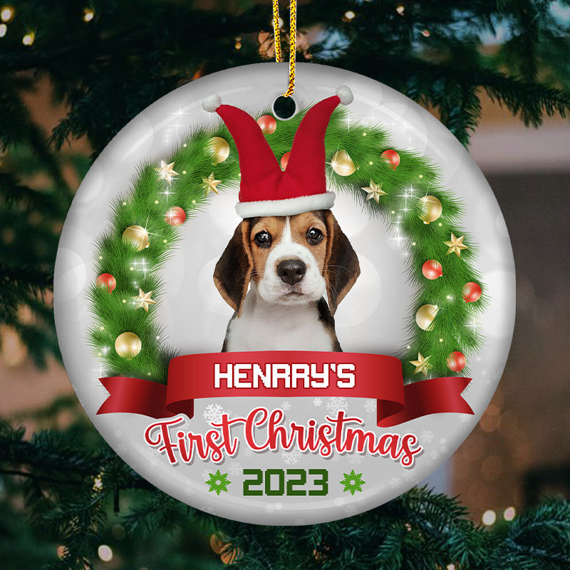 Photo personnalisée « Pawsitively Excited for the First Christmas » - Ornement personnalisé pour chien et chat - Forme ronde en céramique - Cadeau de Noël pour propriétaires et amoureux des animaux