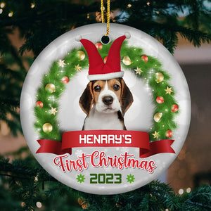 Photo personnalisée « Pawsitively Excited for the First Christmas » - Ornement personnalisé pour chien et chat - Forme ronde en céramique - Cadeau de Noël pour propriétaires et amoureux des animaux