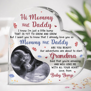 Photo personnalisée Nos aventures sont sur le point de commencer - Plaque acrylique personnalisée en forme de cœur pour famille - Cadeau de fête prénatale, cadeau pour premier papa, première maman