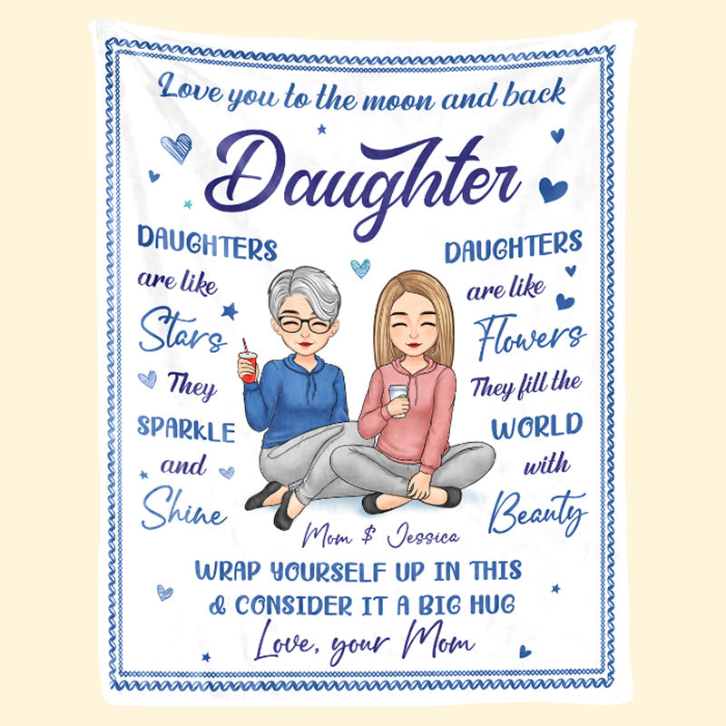 Love You To The Moon And Back Daughter - Family Personalized Custom Blanket - Birthday Gift From Mom