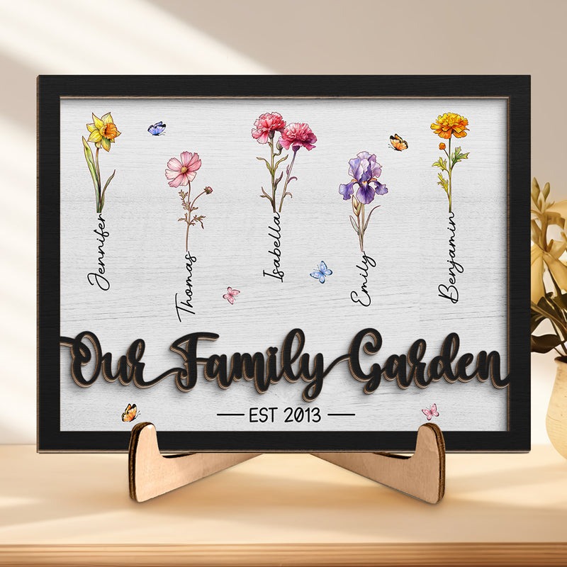 Notre jardin familial - Plaque en bois personnalisée à 2 couches avec support - Cadeau de pendaison de crémaillère pour les membres de la famille