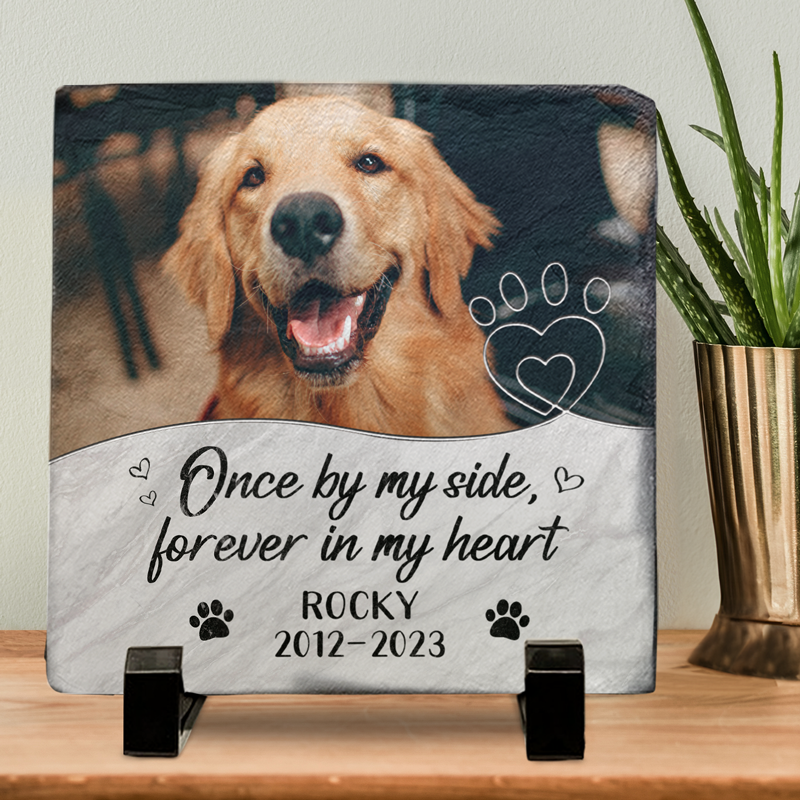 Photo personnalisée Une fois à mes côtés, pour toujours dans mon cœur - Pierre commémorative carrée personnalisée - Cadeau de condoléances pour les propriétaires d'animaux de compagnie et les amoureux des animaux