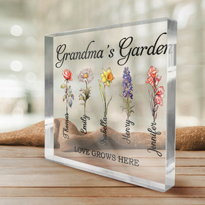 L'amour grandit dans le jardin de grand-mère - Plaque acrylique carrée personnalisée pour la famille - Cadeau d'anniversaire pour grand-mère
