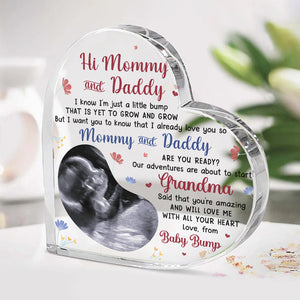 Photo personnalisée Nos aventures sont sur le point de commencer - Plaque acrylique personnalisée en forme de cœur pour famille - Cadeau de fête prénatale, cadeau pour premier papa, première maman