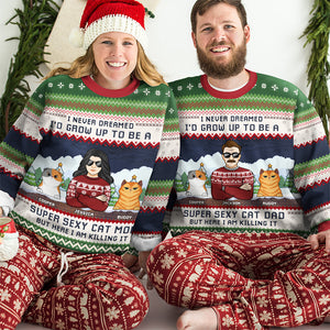 Papa chat super sexy - Sweat-shirt personnalisé avec chat - Pull en laine unisexe - Cadeau de Noël pour les propriétaires et les amoureux des animaux