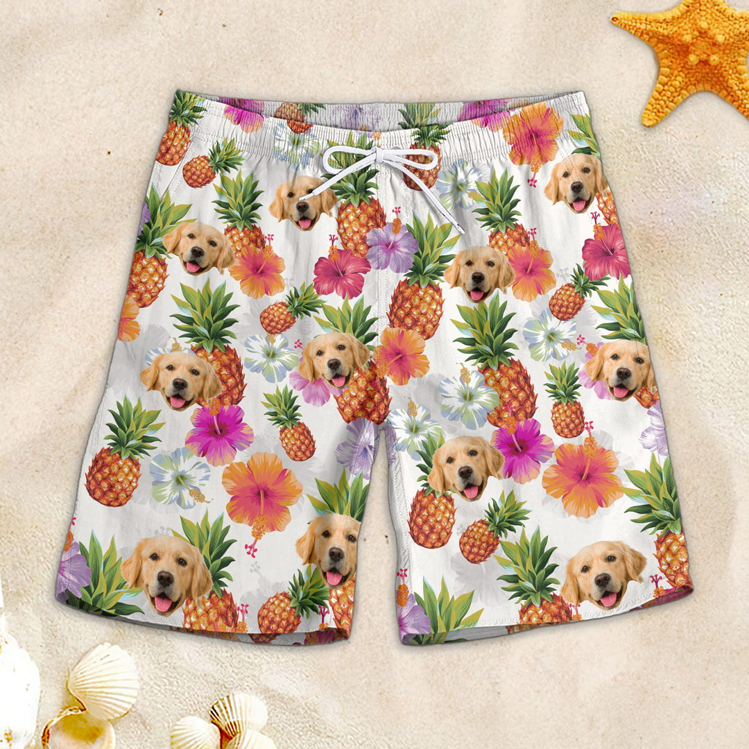 Short de plage hawaïen personnalisé avec photo « Allons à la plage » pour chien et chat, motif tropical Aloha, pour homme - Cadeau idéal pour les vacances d'été, les anniversaires et les amoureux des animaux.