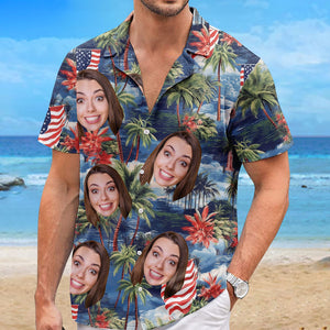 T-shirt hawaïen unisexe personnalisé avec photo My American Spirit - Cadeau pour la fête de l'indépendance, le 4 juillet, les vacances d'été, la famille, les propriétaires d'animaux et les amoureux des animaux.