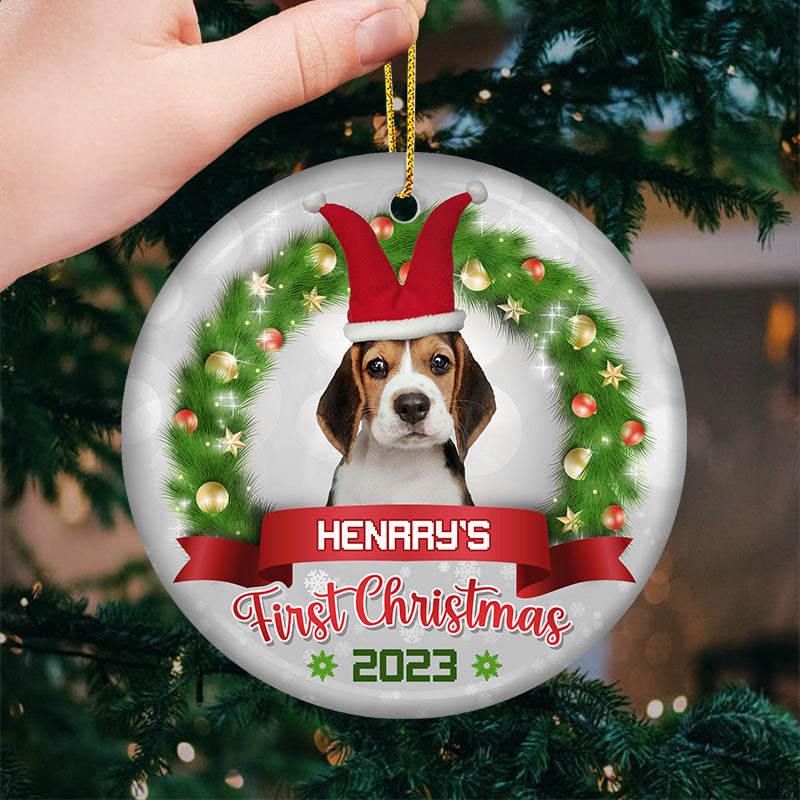 Photo personnalisée « Pawsitively Excited for the First Christmas » - Ornement personnalisé pour chien et chat - Forme ronde en céramique - Cadeau de Noël pour propriétaires et amoureux des animaux