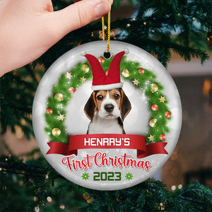 Photo personnalisée « Pawsitively Excited for the First Christmas » - Ornement personnalisé pour chien et chat - Forme ronde en céramique - Cadeau de Noël pour propriétaires et amoureux des animaux