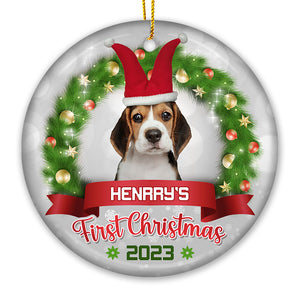 Photo personnalisée « Pawsitively Excited for the First Christmas » - Ornement personnalisé pour chien et chat - Forme ronde en céramique - Cadeau de Noël pour propriétaires et amoureux des animaux