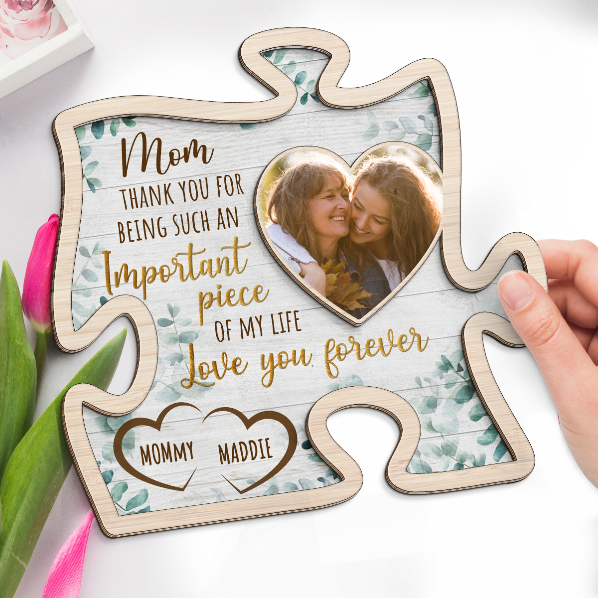 Photo personnalisée « Le morceau le plus important de ma vie » - Plaque en bois personnalisée à 2 couches avec support - Cadeau de pendaison de crémaillère pour maman