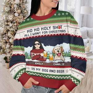 Tout ce que je veux pour Noël, c'est mon chien et de la bière - Sweat-shirt moche personnalisé pour chien - Pull en laine unisexe - Cadeau de Noël pour les propriétaires et les amoureux des animaux