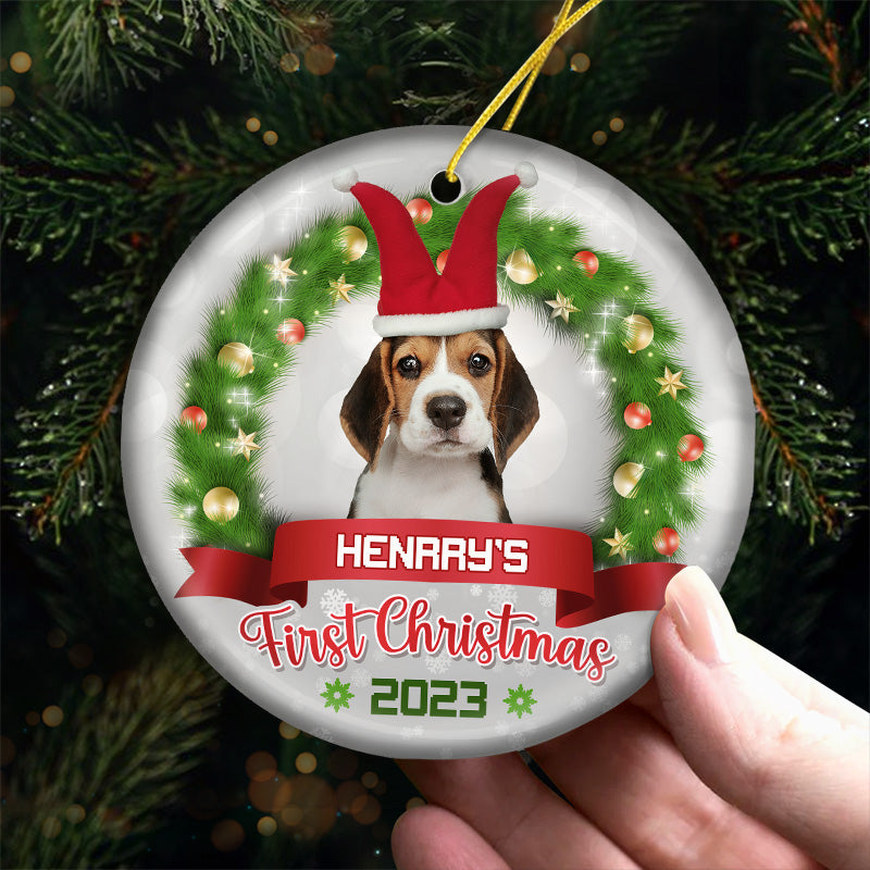 Photo personnalisée « Pawsitively Excited for the First Christmas » - Ornement personnalisé pour chien et chat - Forme ronde en céramique - Cadeau de Noël pour propriétaires et amoureux des animaux