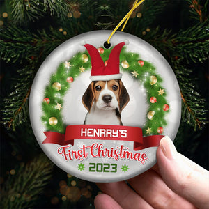 Photo personnalisée « Pawsitively Excited for the First Christmas » - Ornement personnalisé pour chien et chat - Forme ronde en céramique - Cadeau de Noël pour propriétaires et amoureux des animaux