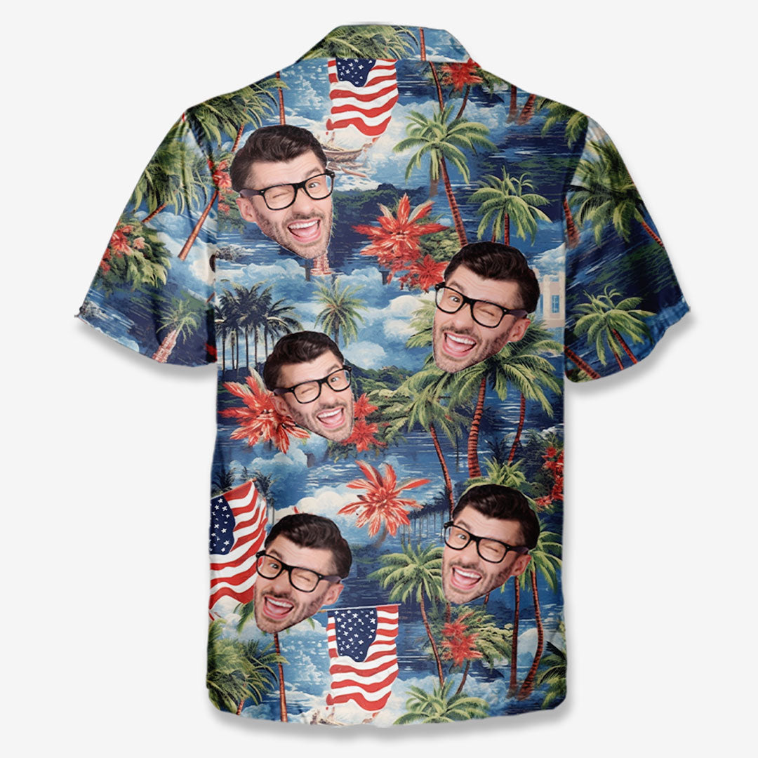 T-shirt hawaïen unisexe personnalisé avec photo My American Spirit - Cadeau pour la fête de l'indépendance, le 4 juillet, les vacances d'été, la famille, les propriétaires d'animaux et les amoureux des animaux.