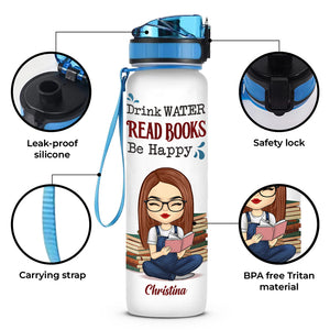 Buvez de l'eau, lisez des livres et soyez heureux - Bouteille d'eau personnalisée avec suivi - Cadeau pour les amoureux des livres