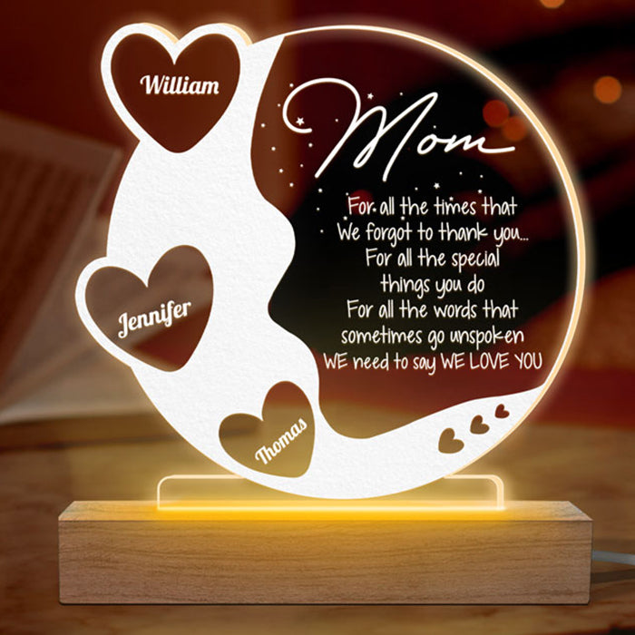 Maman, on t'aime - Lampe LED 3D ronde personnalisée pour la famille - Cadeau d'anniversaire et de fête des mères