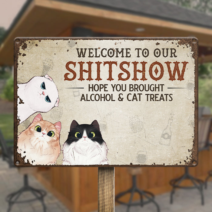 Bienvenue dans notre Shitshow - Plaque en métal personnalisée pour chien et chat - Cadeau de pendaison de crémaillère pour propriétaires d'animaux et amoureux des animaux