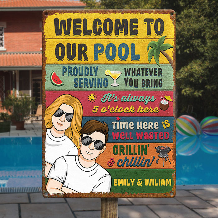 La maison est là où se trouve la piscine - Plaque en métal personnalisée pour couple - Cadeau de pendaison de crémaillère pour mari et femme, anniversaire