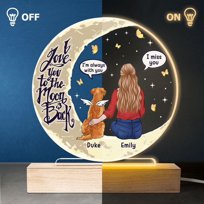 Je t'aime jusqu'à la lune et retour - Lampe LED 3D ronde personnalisée - Cadeau de condoléances, cadeau pour les propriétaires d'animaux de compagnie et les amoureux des animaux