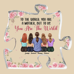 Mom, We Love You With All Our Hearts - Family Personalized Custom Puzzle Shaped Acrylic Plaque - Gift For Mother From Daughter