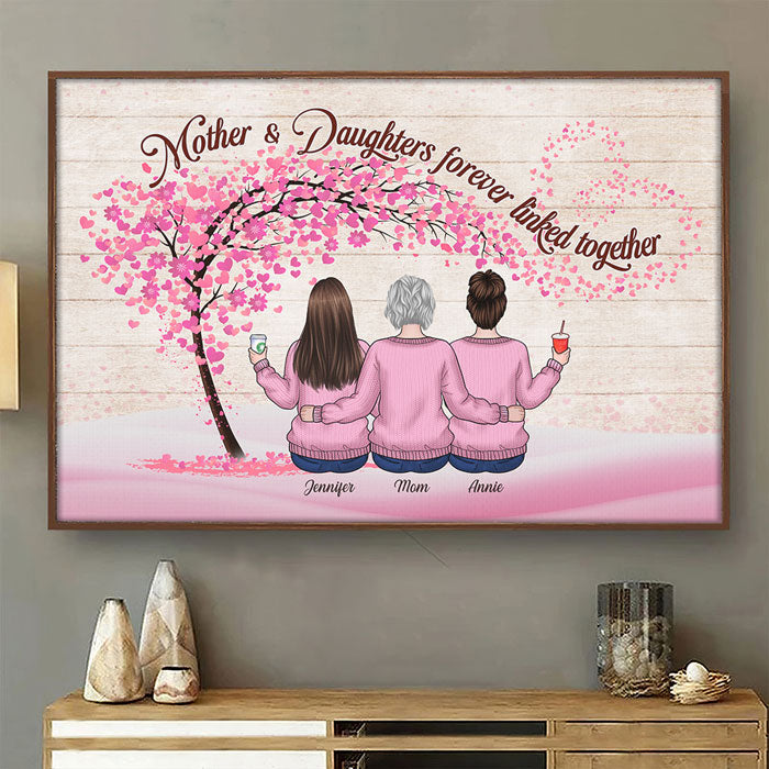 Mère et filles liées à jamais - Affiche horizontale personnalisée pour la famille - Cadeau pour fille de la part de la mère