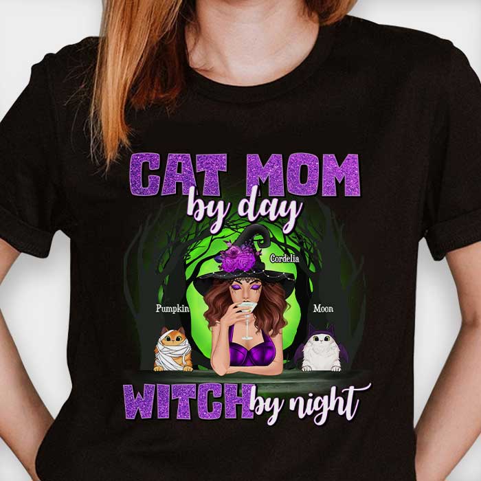 Cat Mom By Day Witch By Night - Personalized Unisex T-Shirt, Hoodie, Sweatshirt - Gift For Witches, Gift For Pet Lovers, Halloween Gift