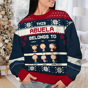 Cette grand-mère appartient à ces enfants géniaux - Sweat-shirt moche personnalisé pour la famille - Pull en laine unisexe - Cadeau de Noël pour grand-mère et grands-parents