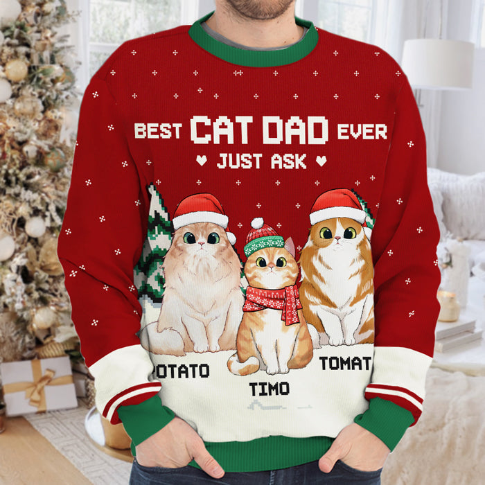 Meilleur papa chat de tous les temps - Sweat-shirt de Noël unisexe personnalisé et moche, sweat-shirt en laine, sweat-shirt imprimé intégral - Cadeau pour les amoureux des chats, les amoureux des animaux, cadeau de Noël