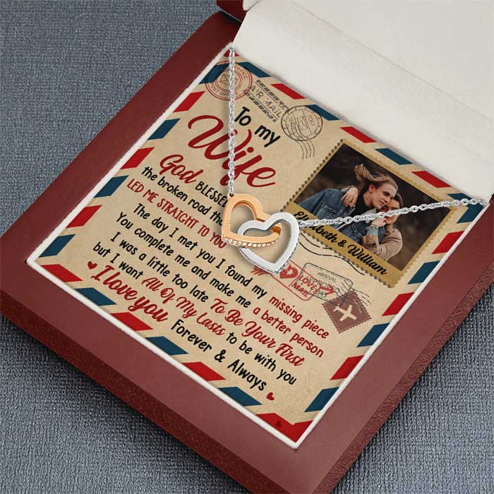 You're My Missing Piece - Upload Image, Gift For Couples - Personalized Interlocking Hearts Necklace.
