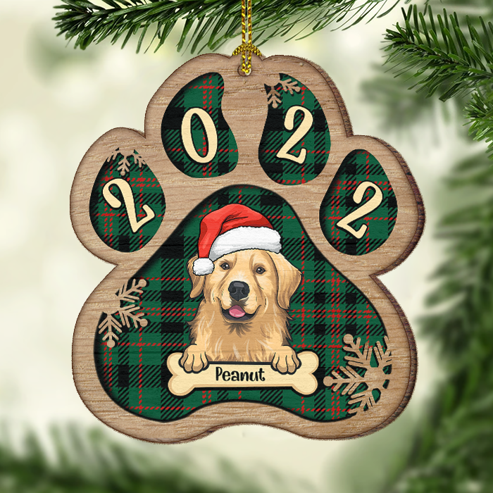 Décoration de Noël personnalisée en bois en forme de patte - Chien, chat et neige - Motif à carreaux Buffalo - Décoration personnalisée et cadeau pour les amoureux des animaux