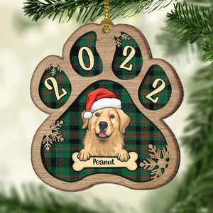 Décoration de Noël personnalisée en bois en forme de patte - Chien, chat et neige - Motif à carreaux Buffalo - Décoration personnalisée et cadeau pour les amoureux des animaux