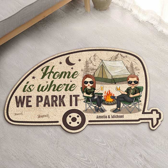 La maison est là où nous la garons - Tapis décoratif personnalisé - Cadeau pour les couples, cadeau pour les amateurs de camping