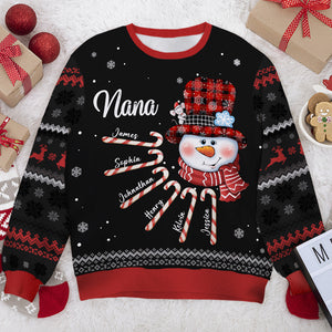 Sweat-shirt de Noël unisexe personnalisé « Nana Snowman Candy Cane » en laine, imprimé intégral, cadeau pour grand-mère, grands-parents, Noël