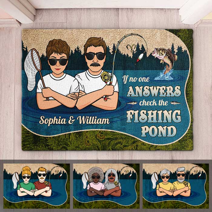 Si personne ne répond, vérifiez l'étang de pêche - Tapis décoratif personnalisé - Cadeau pour couples de pêcheurs, mari et femme