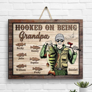 Hooked On Being Grandpa - Personalized Shaped Wood Sign - Gift For Grandpa, Grandparents